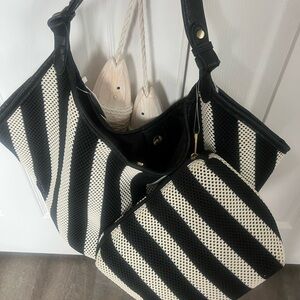 Elegant Black and White Striped Shoulder Bag Set